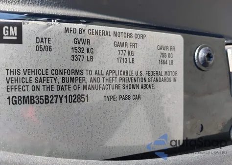 2007 Saturn Sky from USA, damaged, VIN 1G8MB35B27Y102851